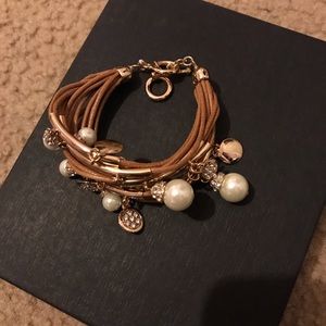 Gold tone, brown leather, pearl bracelet, like new